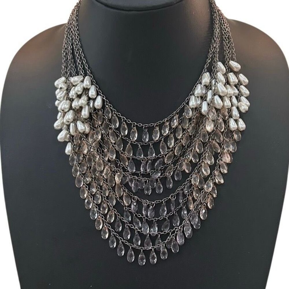LYDELL NYC Layered Bib Necklace 15”-19” White Silver Multi-strand Crystal Pearl